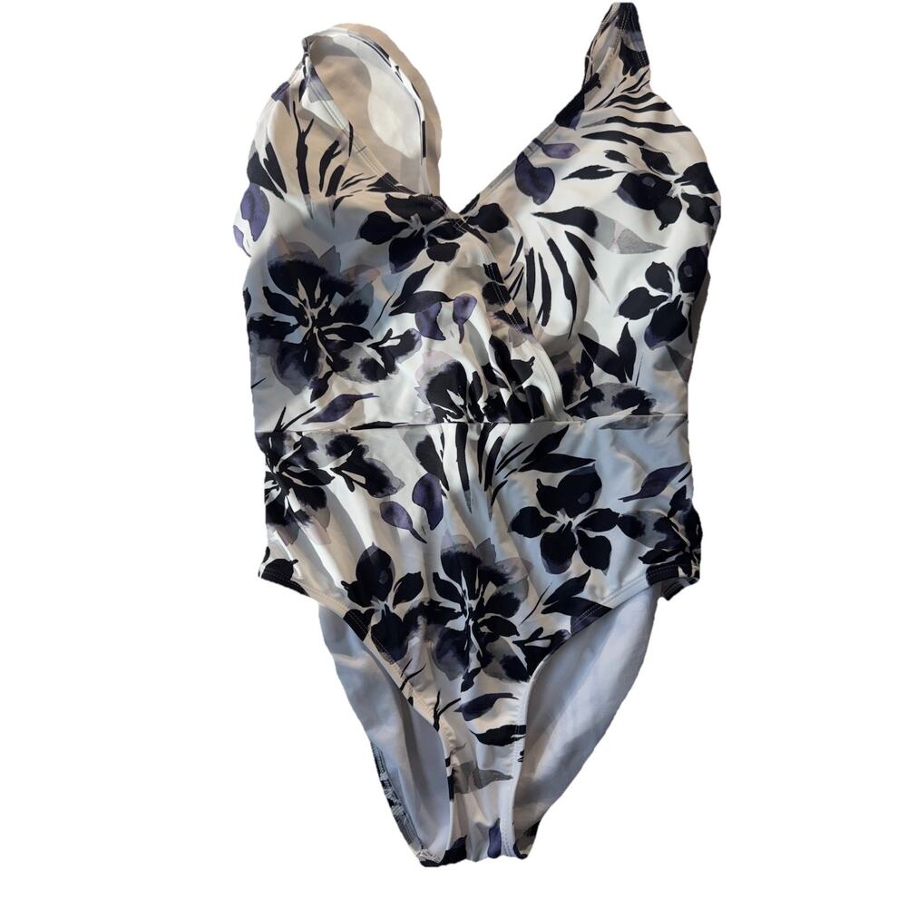 New AquaCouture Womens L Black White Floral One Piece Swimsuit Boho Resort Beach